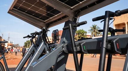 Fototapeta premium Solar charging dock details for e-bike scooter hub in African city