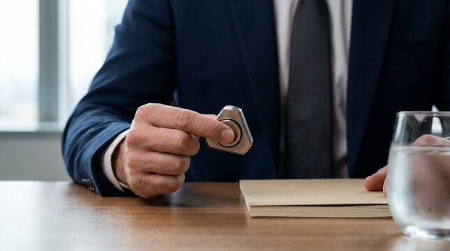 Executive tactile stimming with geometric metal tool in boardroom meeting