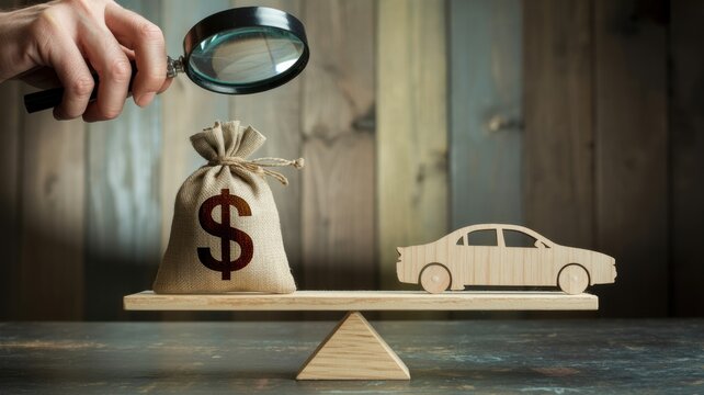 Magnifying Glass Over Money Bag and Car on Balance Scale Auto Insurance and Finance Concept