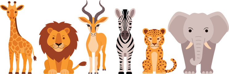 Obraz premium Cute African safari animals cartoon vector illustration set isolated on white background