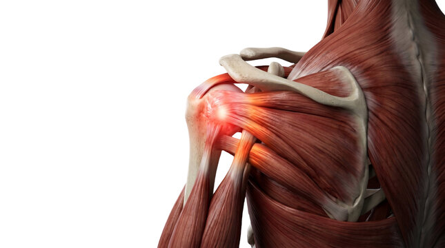 Human shoulder joint anatomy with rotator cuff inflammation tendon injury muscle structure medical illustration isolated on white background
