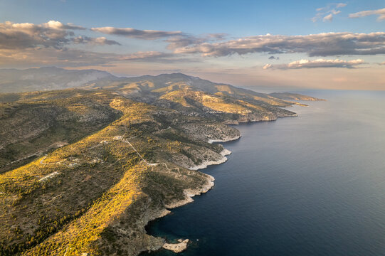 Thassos island giola coastline aerial view during sunset