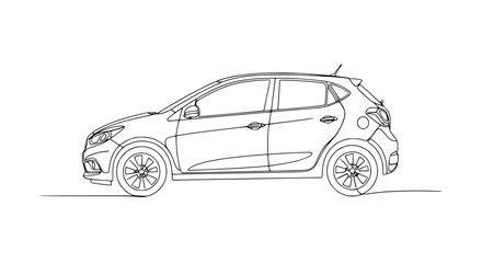 Fototapeta premium Minimalist continuous line drawing of a modern hatchback car, side view, clean design