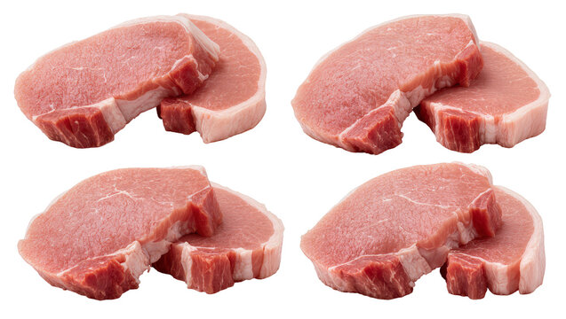 Four raw pork chops with bone and fat layer