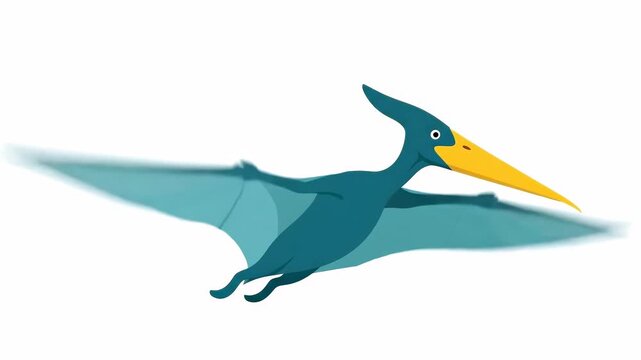 Tracking shot of animated pterodactyl gliding across white studio background in bright daylight. side to side pan follows gentle wing flaps and forward glide, highlighting teal body and yellow beak.