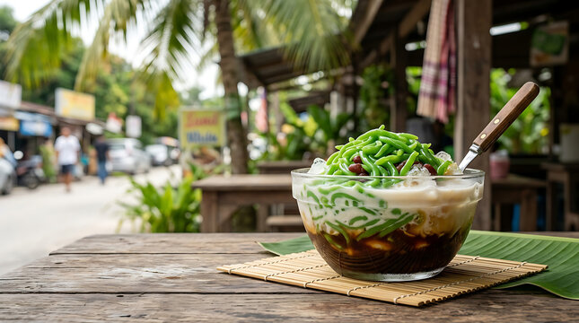 Cendol Dessert Layers With Tropical Background
