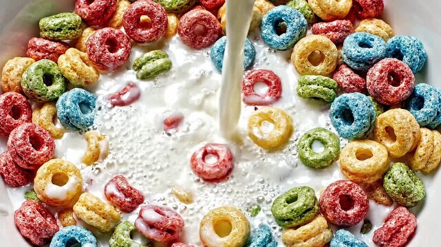Pouring milk on colorful cereal rings in a bowl