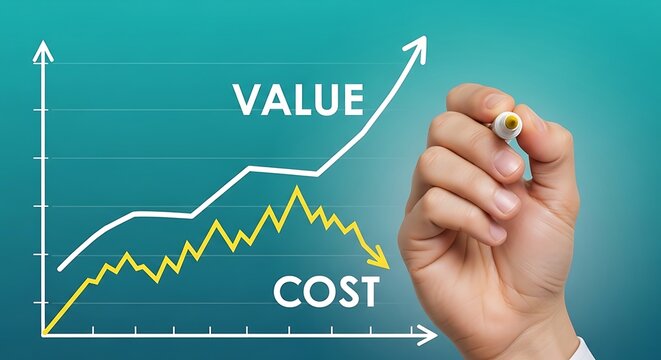 Hand drawing a graph showing increasing value and decreasing cost on a green background.