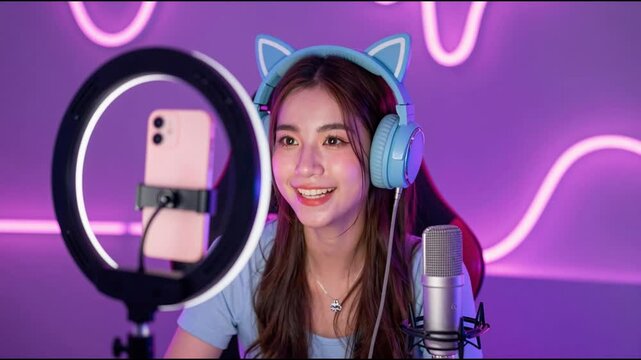 Ring light, girl and portrait for live streaming, gaming or talking to social media followers, fans or audience at home. Excited content creator, influencer or cool gamer in POV screen and neon room