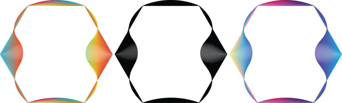 Abstract polygonal frames colorful gradient black white hexagon shapes geometric decorative border.