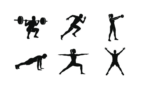 Fitness Silhouette Icons: Weightlifting, Running, Kettlebell, Plank, Yoga, Jumping Jack, Active Lifestyle Vector Set