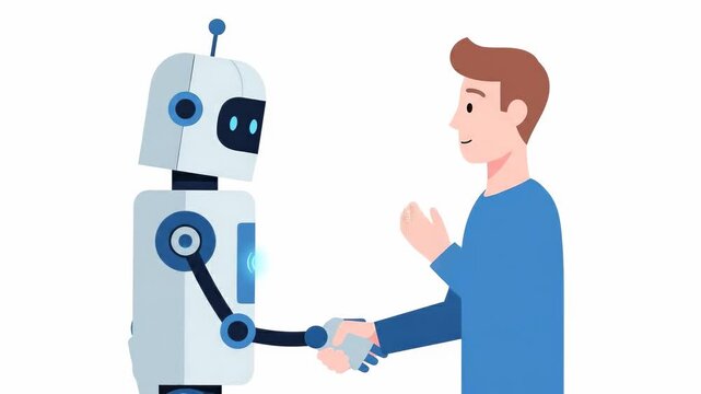 Tracking shot of humanoid robot and man shaking hands in minimal white studio setting. camera pans as subjects greet and move slightly, conveying friendly technology partnership and collaboration.