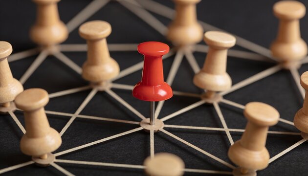 Red pushpin connecting with light-colored wooden pawns on a dark surface, symbolizing networking, leadership, strategy, and central connection in a close-up visual composition