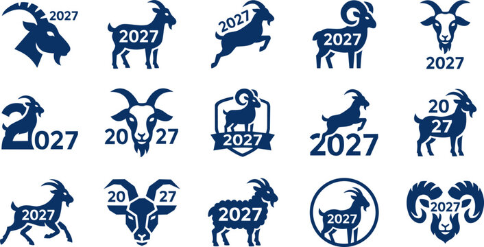 Year of the goat 2027 vector icons collection, Chinese new year zodiac sign symbols, ram and sheep silhouette emblems with numbers, lunar calendar design elements