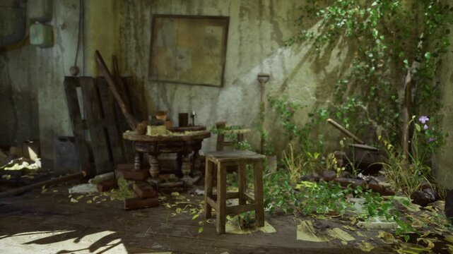Sunlit abandoned workbench overlain with seedlings and creeping vines, scattered wooden stools and dusty tools, cracked concrete floor with sprouting weeds,