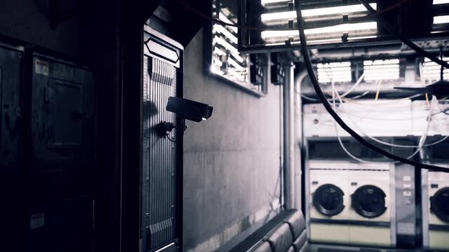 Nearby laundry appliances showing braided wiring and structural details. Focus on junction of pipeline with textured wall in industrial maintenance setting