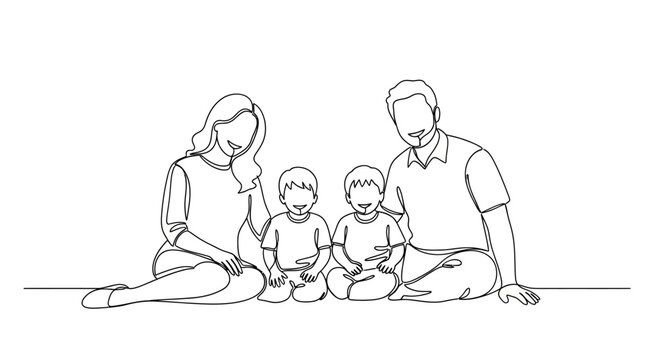 Happy Family Portrait: Parents and Two Young Sons Sitting Together, One Line Drawing
