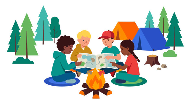 colorful cartoon illustration of kids camping by river with tents and campfire