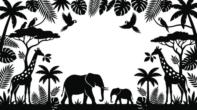 African safari animals silhouette with giraffe elephant and palm trees