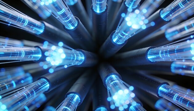 Abstract visual representation of data transfer and modern connectivity, showcasing glowing fiber optic cables bundled together, symbolizing high-speed internet and global telecommunication networks,
