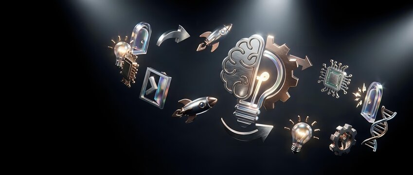 Glowing steampunk gears, cogs, and mechanical parts floating in mid-air against dark background. Industrial design elements for technology, innovation, and engineering concepts.