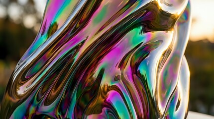 Fototapeta premium Liquid metallic surface with flowing iridescent waves in magenta, cyan, and gold tones, creating an abstract holographic effect with reflective depth and contemporary visual appeal.
