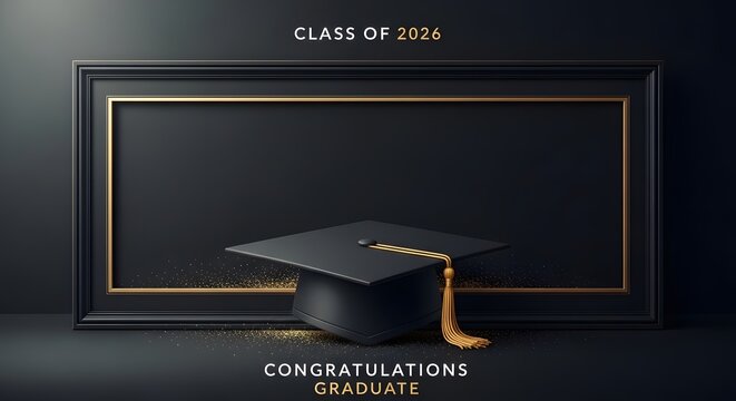 Congratulations graduate class of 2026 banner with black mortarboard cap and gold frame on dark background with glitter