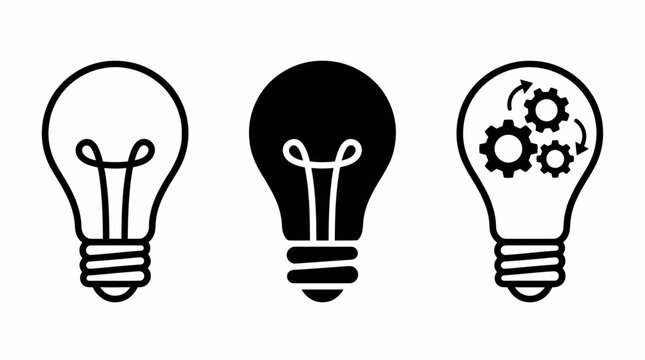 Comprehensive set of innovation icons featuring lightbulb symbols for creative inspiration, technical implementation concepts, and conceptual lamp vector illustrations for business ideas.