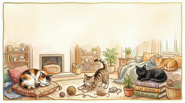 Cozy living room interior with multiple cats playing and resting among furniture, houseplants, and toys. Warm, inviting home environment suitable for pet-related designs and home decor projects.