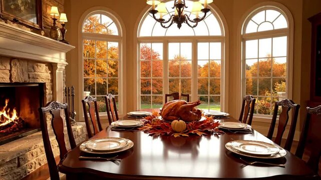 A dining room table set for Thanksgiving dinner with a roasted turkey centerpiece.