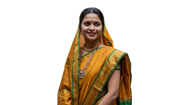 Indian smiling young indian maharashtrian woman in traditional yellow and green saree with ethnic jewelry, including a nath nose ring, looking away, isolated on transparent background indian