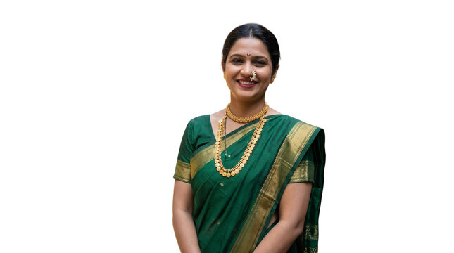 Indian smiling indian woman in traditional green saree and gold jewelry, isolated on transparent background indian