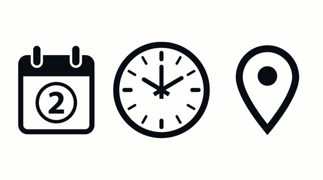 Modern minimalist flat vector icon set featuring date calendar, clock time, and map pin location for event planning, organizational schedule elements, graphic sign and navigation symbol.
