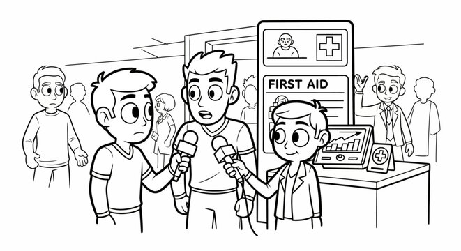 Young reporters interviewing classmates about school first aid.