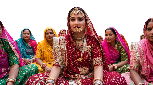 Indian beautiful indian bride in traditional red bandhani attire and ornate gold jewelry, sitting with a group of women in colorful sarees, isolated on transparent background indian