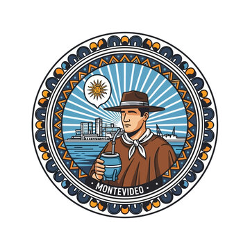 Vintage Montevideo Uruguay Travel Emblem with Mate Drink.
