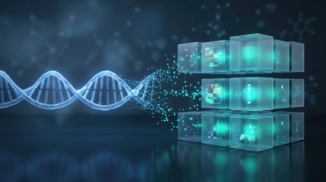 A digital DNA strand is analyzed and deconstructed next to glowing futuristic data blocks on a dark blue background, symbolizing genetic data and bioinformatics.