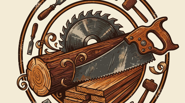 Elegant minimalist carpentry woodworking emblem featuring circular saw blade and crossed axe tools, professional sawmill branding identity template for timber industry business.