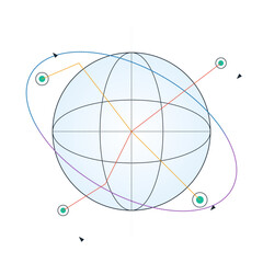 Abstract global technology communication network illustration featuring stylized planet with digital data connection lines satellites. © SATHI