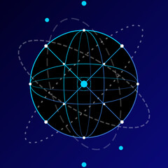 Global digital network sphere with orbital lines and data nodes on a dark blue background. © SATHI