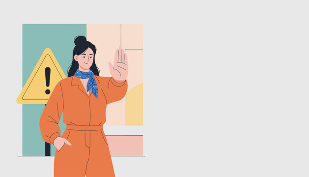Woman in orange jumpsuit signaling stop with hand, warning sign in background, safety concept illustration