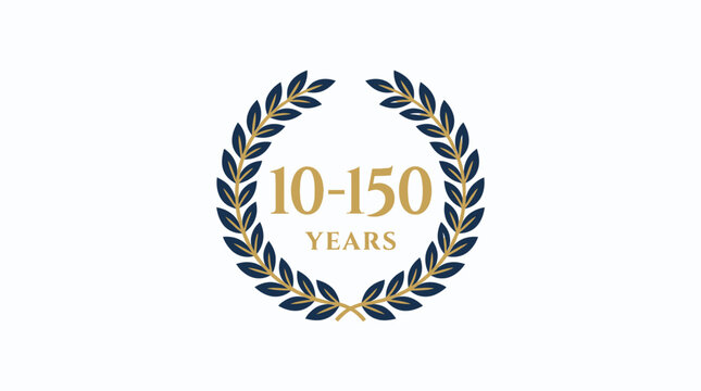 Elegant vector collection of golden laurel wreath emblems for milestone anniversaries ranging from 10 to 150 years, luxury celebration labels, achievement awards, and jubilee icons.