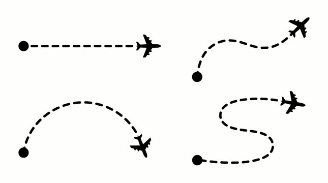 Airplane dotted flight route path collection with start point and dashed trace lines. Minimalist vector illustration for travel planning, aviation navigation, and global map destination tracking.