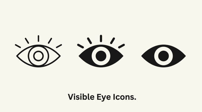 Professional minimalist eye icon set featuring filled thin line aesthetic and solid silhouette vector graphic designs for vision perception visibility and biometric security interface elements.