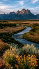 Naklejka premium Scenic view of Grand Teton mountain range with winding river through valley at sunset with wildflowers in foreground