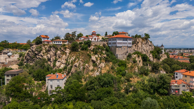 aerial Roman Theatre of Philippopolis nestled within the historic old town district and sweeping cityscape of Plovdiv Bulgaria