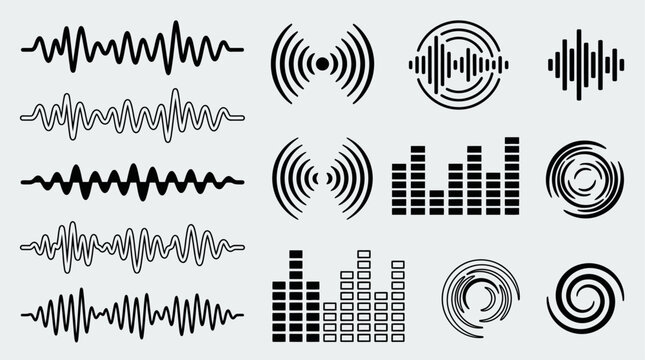 Abstract digital sound wave visualization with blue glowing music equalizer lines on a dark background representing audio frequency and electronic melody rhythm for studio recording.