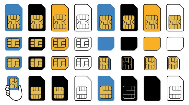 Comprehensive collection of diverse mobile subscriber identity module cards featuring standard micro and nano sizes represented as minimalist flat vector icons for telecommunication design.
