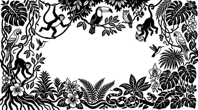 Tropical rainforest wildlife border with monkeys and exotic birds