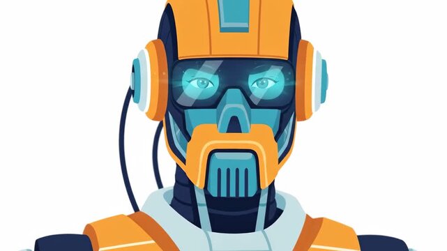 Slow motion tracking shot of futuristic humanoid robot turning head and adjusting visor in minimal white studio environment with clean cool lighting and clinical mood